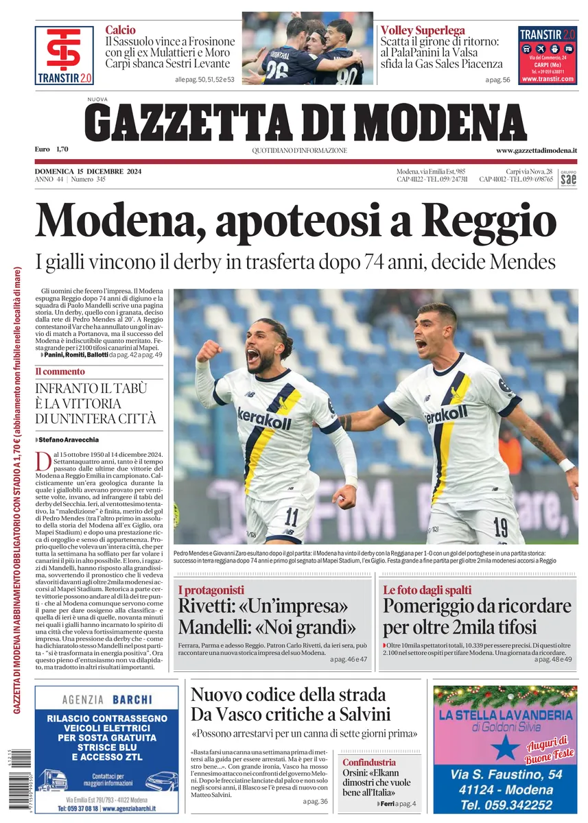 Prima-pagina-gazzetta di modena-oggi-edizione-del-2024-12-15